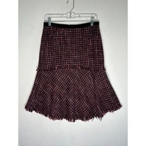 J Marco Pink Black Patterned Fit Flare Wool Blend Midi Skirt Frayed Trim Size 2
